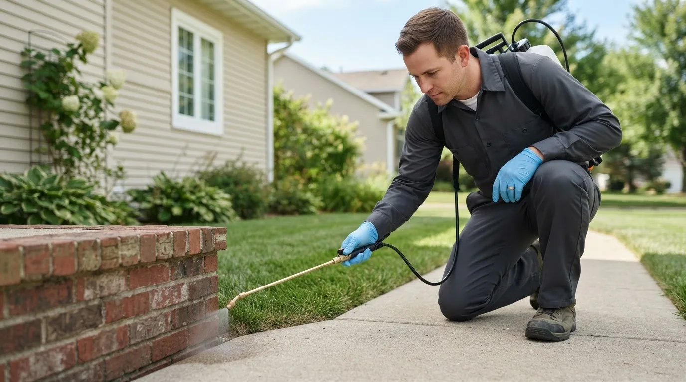 Pest control technician treating a home near Henderson, CO