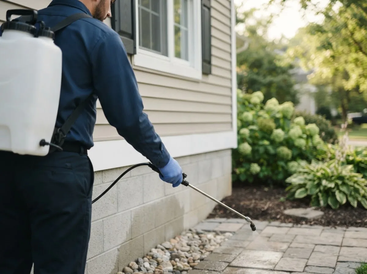 Pest control technician inspecting a home in Henderson, CO